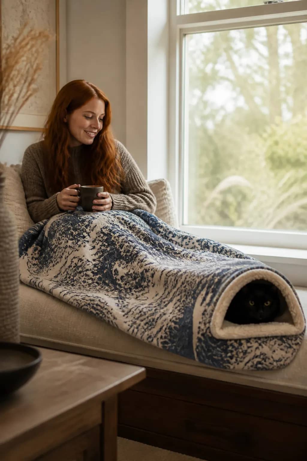 Nines print throw on the sofa, a cat nested in the foot-end cave