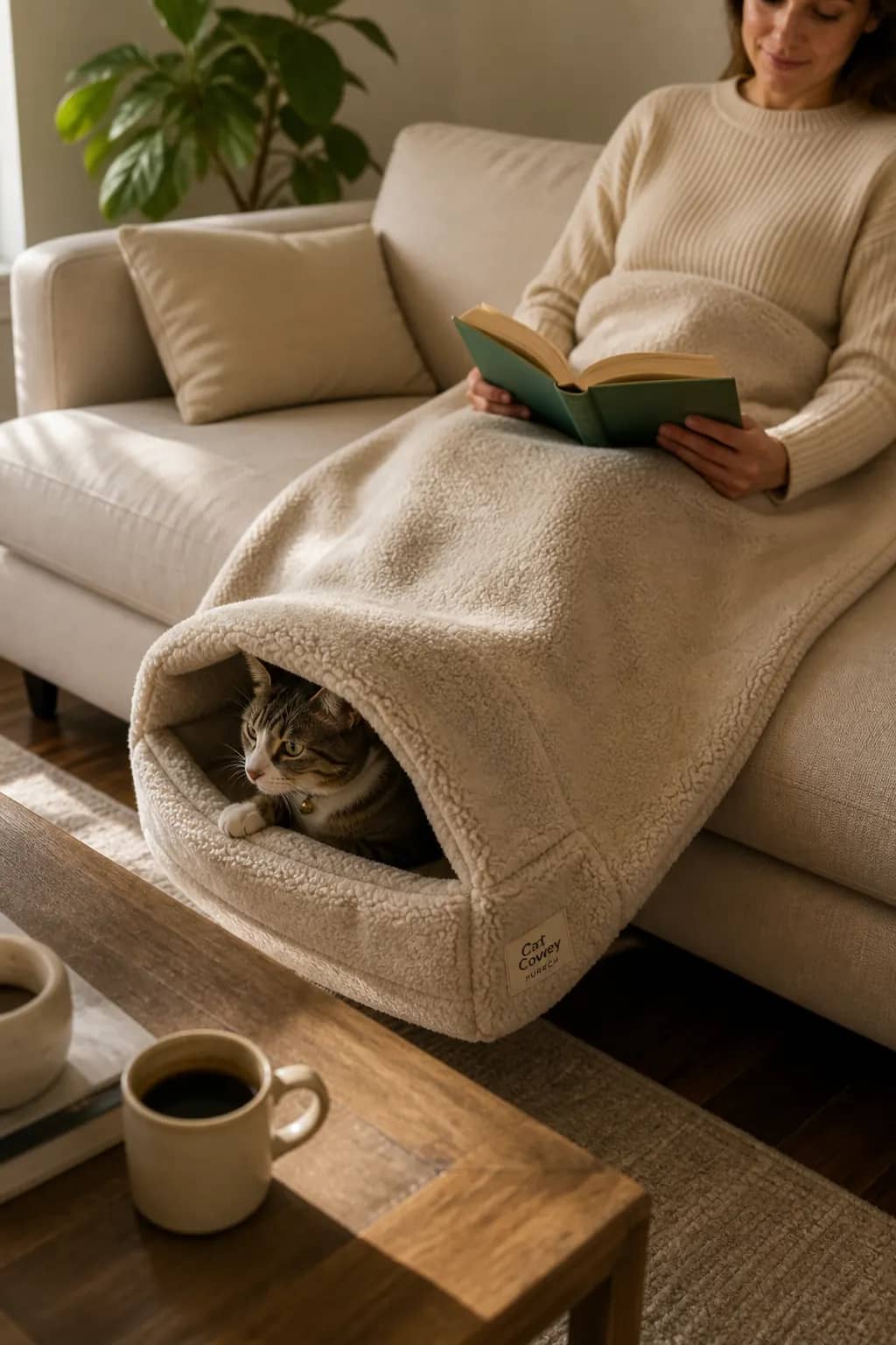 Purrch cream throw on the sofa, a cat nested in the stay-open cave at the foot end