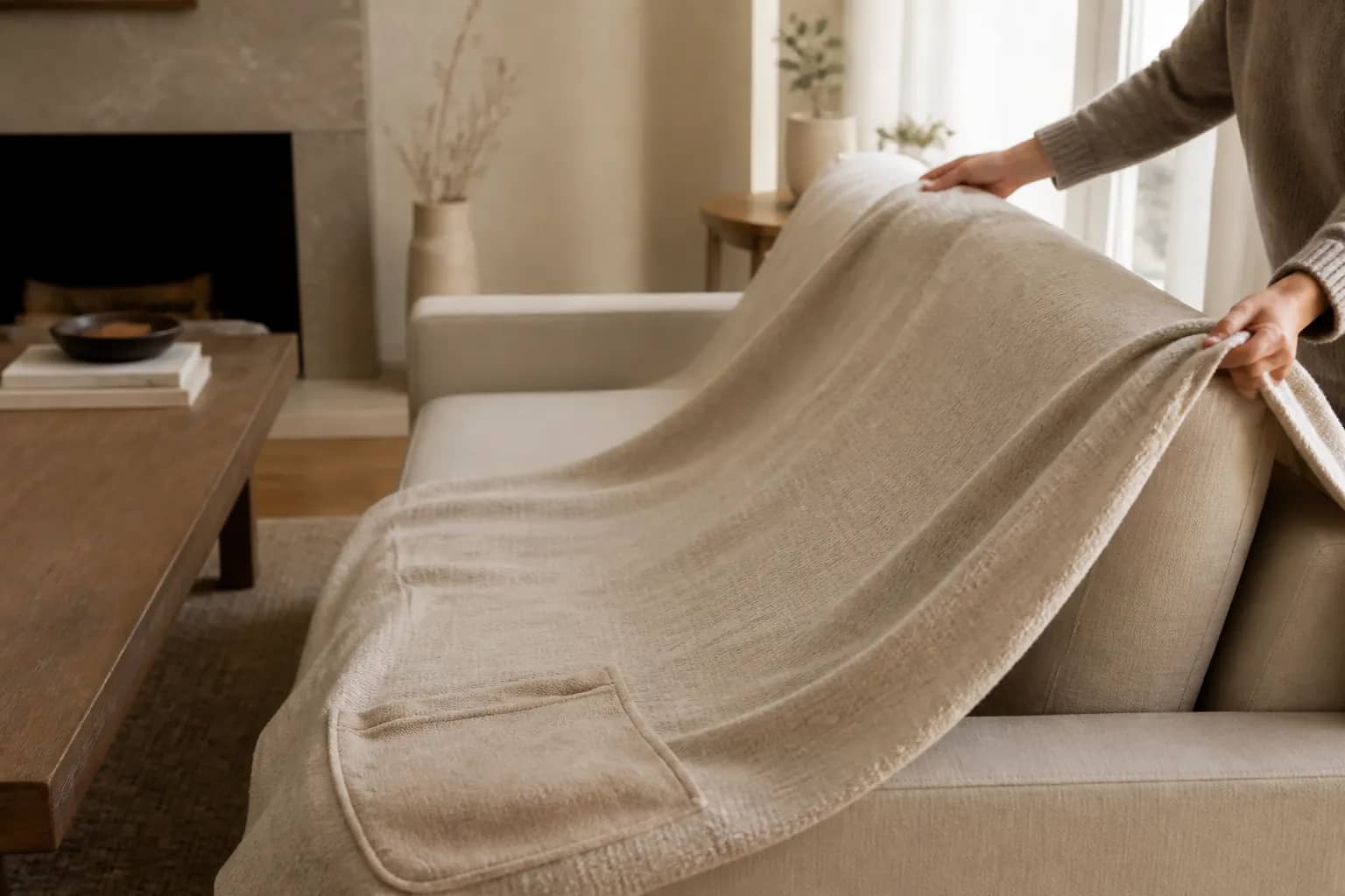 Cat Covey throw being spread on a sofa, pouch open at the foot end